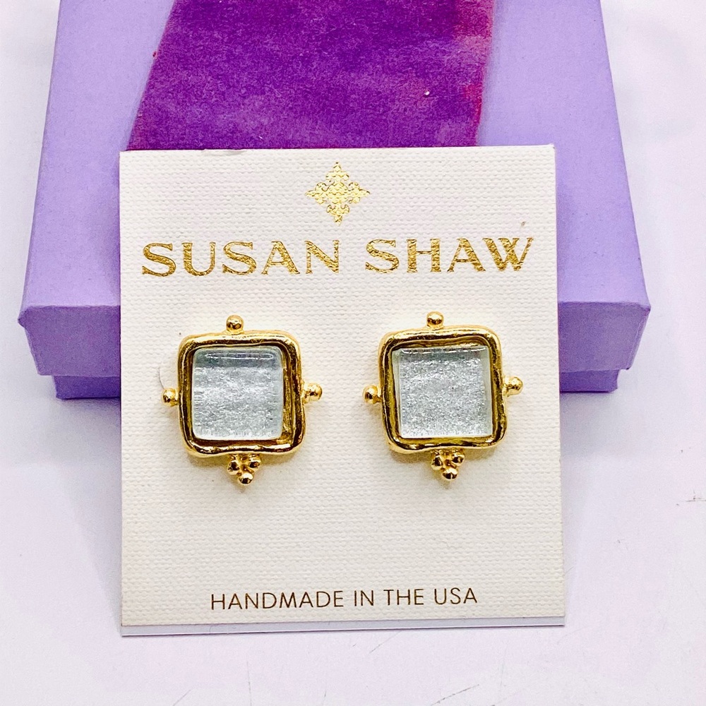 Susan Shaw light blue gold frame earrings